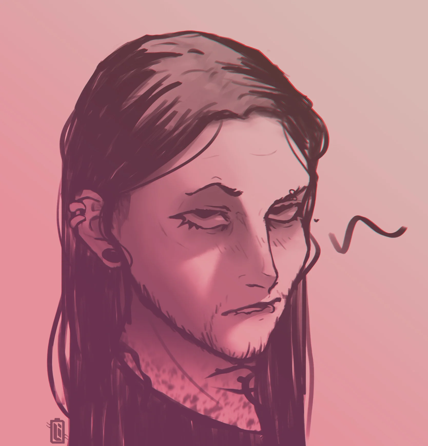 Gerard Keay, The Magnus archives. A digital sketch of a pale dude with long, straight dark hair and a scruffy beard, rocking a black choker. He's got dark, empty eyes and is puffing out smoke. The background is a gradient of pink to light purple, adding a moody vibe.